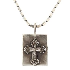 Dog Tag Style Southwestern Spanish or Mexican Inspired Cross Pendant in Sterling Silver Crafted by Native American Artist on 20" Oxidized Bead Chain, #7741