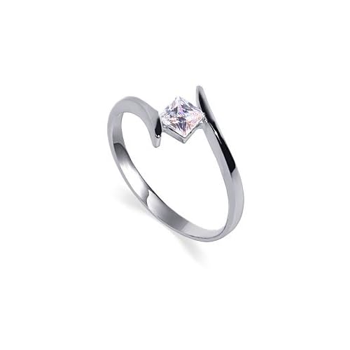 奇妙纯银帶Cut的Clear Cubic Zirconia公主單粒寶石亭亭玉立的諾言圓環