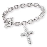 Sterling Silver and White Cubic Zirconium Cross 7.5-inch Toggle Bracelet
