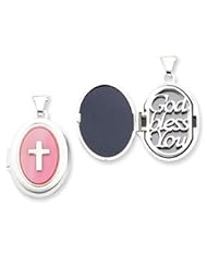 Genuine IceCarats Designer Jewelry Gift Sterling Silver Pink Mother Of Pearl Cross 21Mm Oval Locket