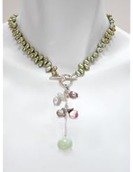 Green Freshwater Pearl Necklace with Pearl and Semiprecious Stone Drop