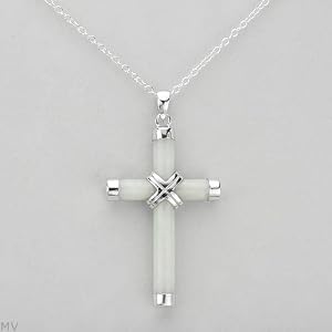 Cross Necklace With Genuine Jade Crafted in 925 Sterling silver Length 18in