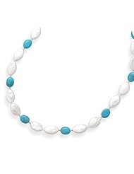 16 inch Turquoise and Cultured Freshwater Pearl Necklace with 14K Yellow Gold Beads and Pearl Clasp
