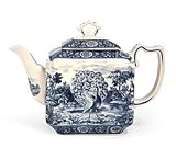 Opulent Manor Blue Toile Peacock Design Stoneware Teapot For Fine Dining And Teas