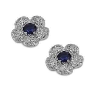 Sterling Silver & Blue Sapphire CZ Flower Plumeria Earrings