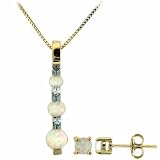18K Gold over Sterling Silver Created Fiery White Opal & Diamond Accent Past Present and Future Pendant and Stud Earrings Set