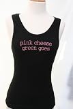 Black Embroidered Beater Style Tank Top "Pink Cheese Green Goes