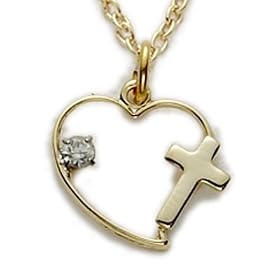 1/2" 14K Gold Filled Heart Necklace with Cross and Cubic Zirconia Stone on 18" Chain