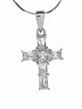 Sterling Silver Gem-Set Clear CZ Cross Pendant with Snake Chain