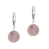 Sterling Silver .925 Iridescent Genuine Freshwater Cultured Gray Coin Pearl LeverBack Lever Back Round Dangle Earrings
