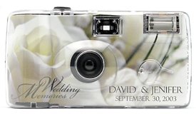 10 Pack Personalized White Rose Wedding Cameras - Matching Table Cards Included - 27 Exposures - Built-in-flash - 35mm - 400 ISO Film