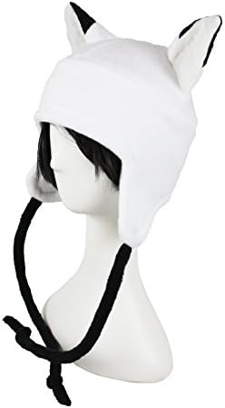 White Arctic Fox Hat with White Faux Fur Inner Ears Super Cute Anime Aviator Style Adult Sized