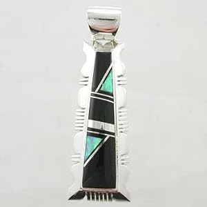 Ornate Southwestern Native American Handmade Black Onyx and Opal Inlaid Pendant in Sterling Silver by Delvin John, #9606