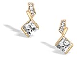 14K Yellow Gold Genuine Square White Topaz and Diamond Drop Earrings