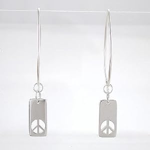 Rectangular PEACE Tag with Cut Out Design Dangle Earrings in Sterling Silver, #8370