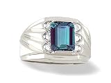14K White Gold Emerald-cut Created Alexandrite and Diamond Men's Ring