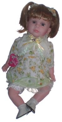 Childrens Toyshop  Toys : girl in green flower dress with pig tails 21 inch baby