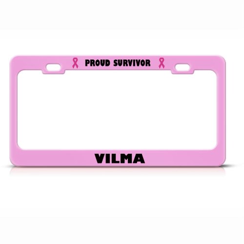 Vilma Proud Survivor Cancer Ribbon Soft Pink Metal License Plate Frame Tag Border