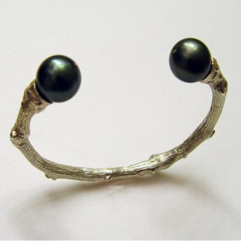 Large Twig Cuff, Black Pearls