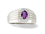 14K White Gold Genuine Oval Amethyst and Diamond Men's Ring