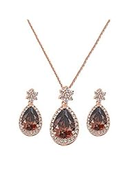 925 Sterling Silver Rose Gold Plated Oval Topaz CZ Stone Pendant with Clear CZ Stones Flower Inset with Matching Earrings