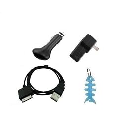 4 Pieces Value Combo Accessory Charger Kit for Microsoft Zune 4GB/ 8GB/ 16GB / 80GB/ 120GB and Zune HD 16GB / 32GB: USB Car Charger + USB Travel Charger + USB Data Sync Cable + Light Blue Fishbone Style Keychain