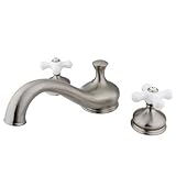 HERITAGE ROMAN TUB FILLER, SN, PORCELAIN CROSS-Satin Nickel Finish