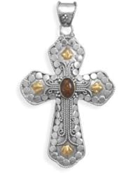 Sterling Silver/14 Karat Gold Plate Cross with Baltic Amber