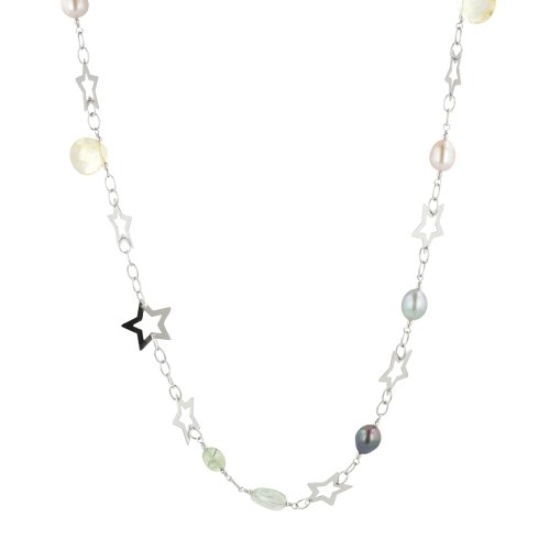 Sterling Silver Semi Precious Multi-Color and Freshwater Cultured Pearl Star Necklace, 35\