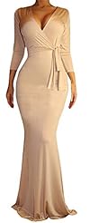 Sexy V-neck Mermaid Gathered Cotton/Spandex Bodycon Dress/Evening Dress/Maxi Dress  with a Brush/Sweep Train 