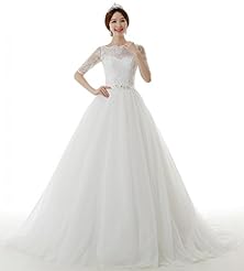 Satin/Tulle Beaded Lace-Up Sequined Belted Elbow Length Sleeves Scoop Neck Wedding Dress  With a Sash 