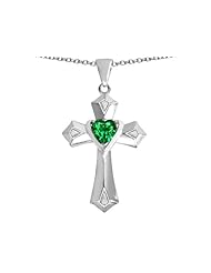 Original Star K (tm) Heart Cross Love Pendant with Heart Shape Simulated Emerald in 925 Sterling Silver