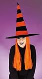 Halloween Neon Orange Velvet Striped Witch Hat with Hair