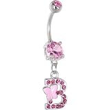 Pink Gem Butterfly INITIAL Dangle Belly Ring - LETTER B