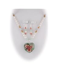 Murano Glass Orange Flower Heart Pendant Freshwater Pearl Earrings Necklace Sterling Silver