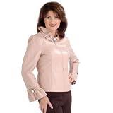 Pamela McCoy Broach Detail Ruffle Collar & Cuffs Lamb Leather Jacket