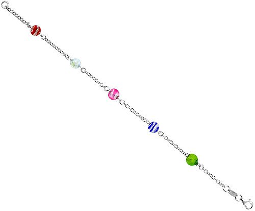 Sterling Silver Italian Charm Bracelet w/ Green, Blue, Pink, White & Orange Venetian Murano Glass Beads, 1/4\