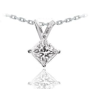 14k White Gold Princess Cut Solitaire Diamond Pendant Necklace
