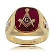 Red Bold Masonic Ring w Emblem in Solid Yellow Gold