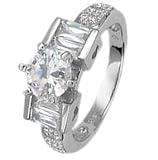 Sterling Silver Engagement Ring With Round Cubic Zirconia on 6 Prongs With Baguette Shaped CZ On the Side in Bar Setting