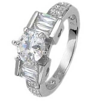 Sterling Silver Engagement Ring With Round Cubic Zirconia on 6 Prongs With Baguette Shaped CZ On the Side in Bar Setting