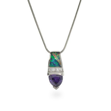 Eve's Addiction Genuine Opal and Amethyst CZ Silver Necklace