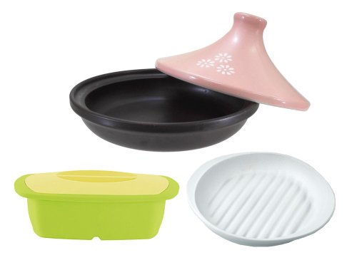 レンジ調理3点セット 【Amazon.co.jp限定】 タジン鍋 22cm ピンク ・ シリコーンスチーマー M ライトグリーン ・ 焼けるんプレート 丸型 ホワイト