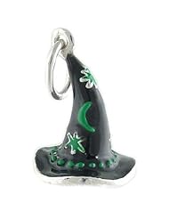 Black Witch Hat with Green Stars and Moon 925 Sterling Silver and Enamel Traditional Charm or Pendant