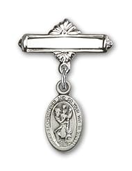Sterling Silver Baby Badge with St. Christopher Charm and Polished Badge Pin