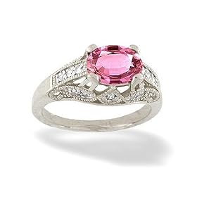 14K White Gold Oval Created Pink Sapphire and Diamond Antique Style Ring