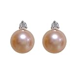 Natural Peach Pink 7.5-8mm Orbital Diamond 14k White Gold Cultured Pearl Stud Earrings - by Dahlia Classic Jewelry Collection