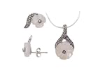 Sterling Silver Flower Cut Faux Pearl and Marcasite Earring and Necklace Set