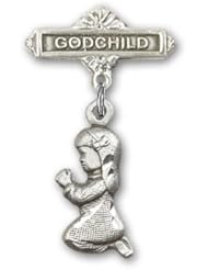 Sterling Silver Baby Badge with Praying Girl Charm and Godchild Badge Pin