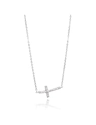.925 Sterling Silver Bended Cubic Zirconia Sideways Cross Charm Necklace with 16"-18" Adjustable Chain